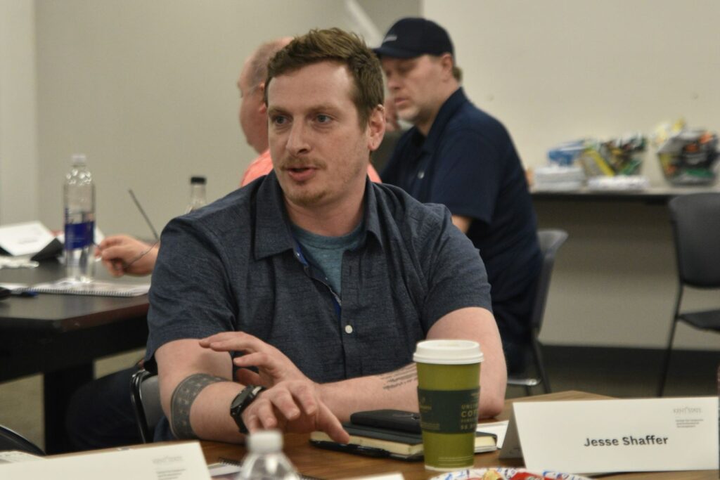 Jesse Shaffer talks during a training session.